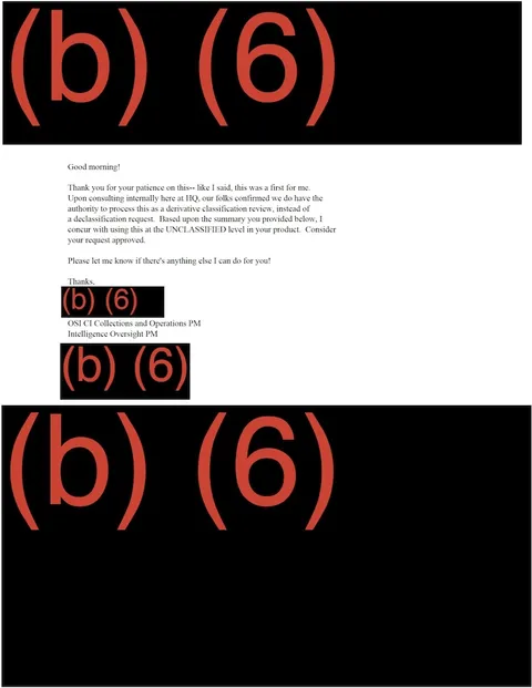 Heavily redacted document showing email correspondence.