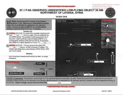 Declassified intelligence slide from USCENTCOM showing the observation of an unidentified low-flying object.