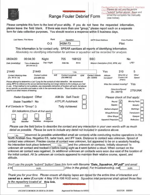 Declassified Range Fouler Debrief Form with redacted information.