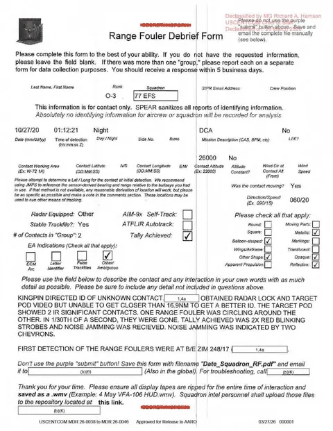 Declassified Range Fouler Debrief Form with redacted information.