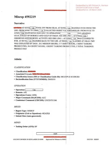 Redacted government mission report document.