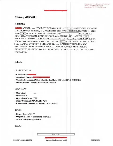 Redacted government mission report document.