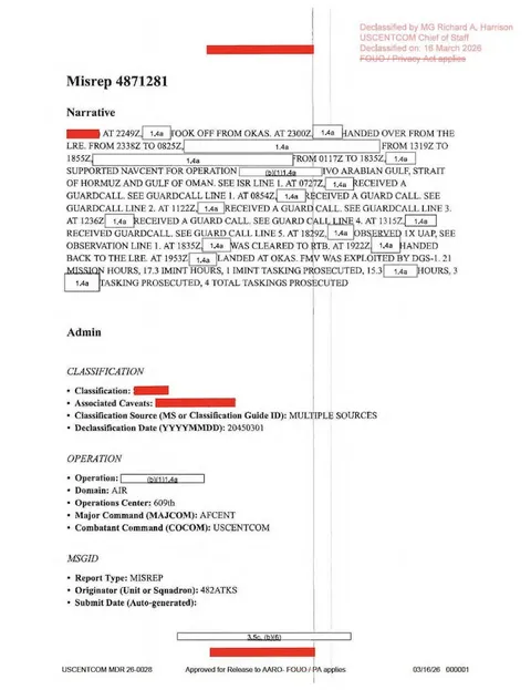 Redacted government mission report document.
