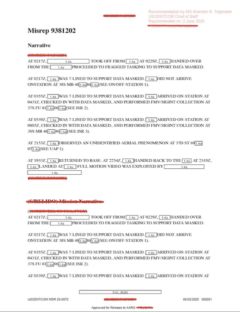 Redacted government mission report document.