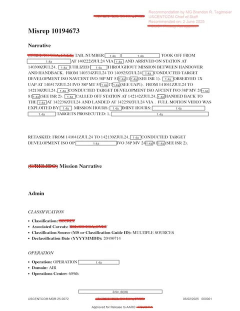 Redacted government mission report document.