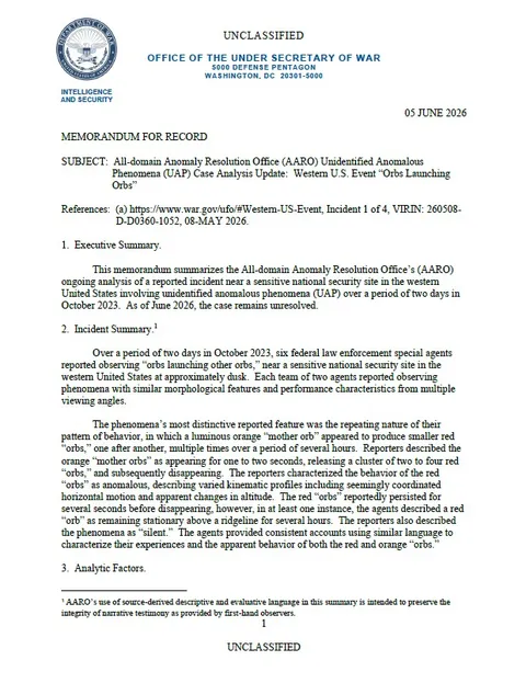 A Department of War memorandum about orbs.