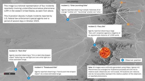 Map with text explaining four UAP incidents.