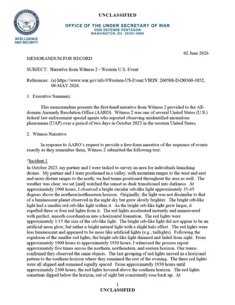 A Department of War memorandum with a witness narrative.