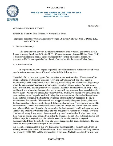 A Department of War memorandum with a witness narrative.