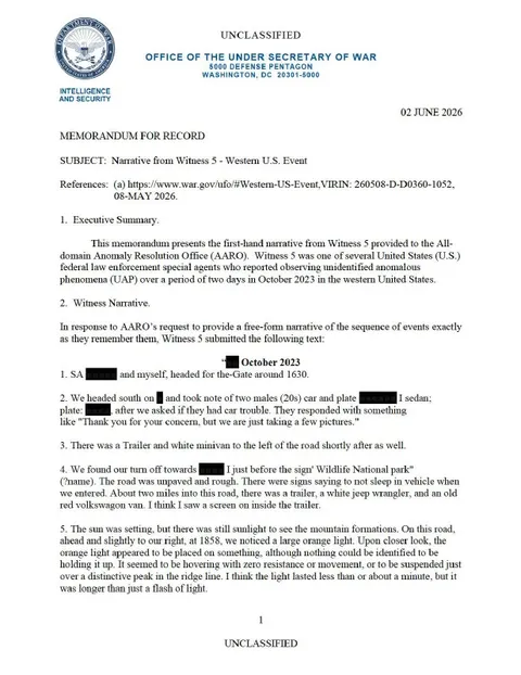 A Department of War memorandum with a witness narrative.
