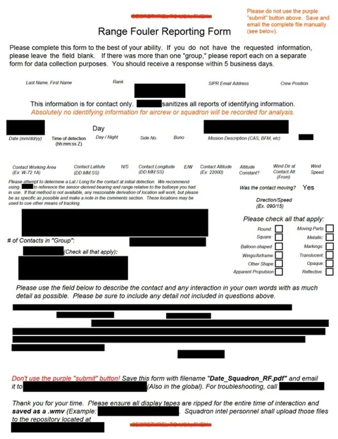 A Range Fouler Debrief, a standardized reporting form the U.S. Navy uses to record the circumstances surrounding an unauthorized intrusion into controlled airspace during active military operations or training.