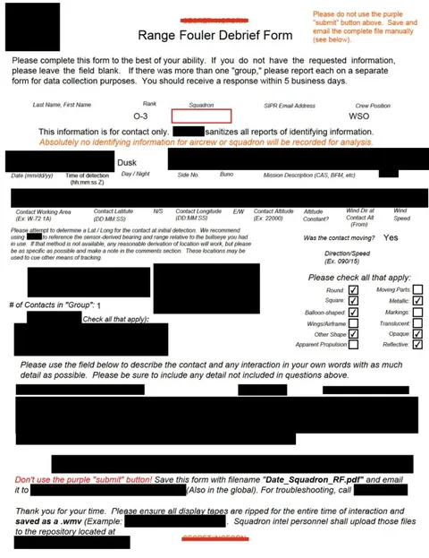 A Range Fouler Debrief, a standardized reporting form the U.S. Navy uses to record the circumstances surrounding an unauthorized intrusion into controlled airspace during active military operations or training.