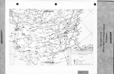 A map of the United States from 1948 showing various symbols plotted across the country, with a legend indicating different types of sightings.