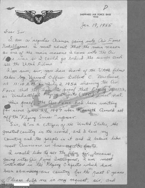 A handwritten letter dated January 19, 1955, from an airman expressing interest in joining Air Force Intelligence.