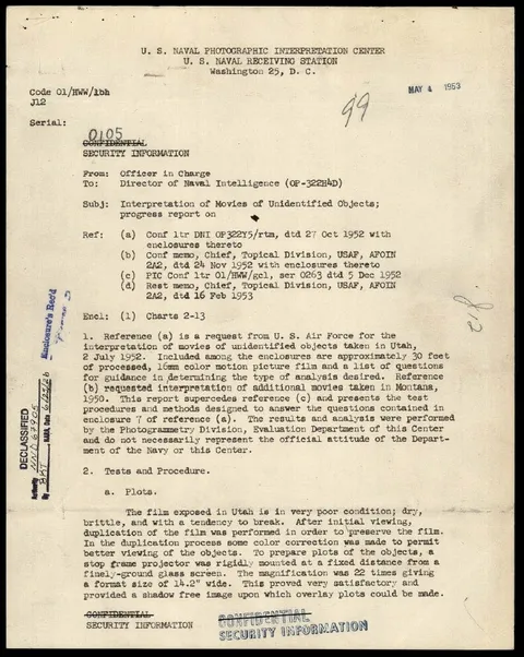 A request for the U.S. Naval Photographic Interpretation Center to assess a film allegedly depicting unidentified airborne objects.