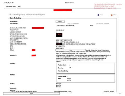 An Intelligence Information Report (IIR) documenting the observations of U.S. military personnel reporting UAP in 2021.