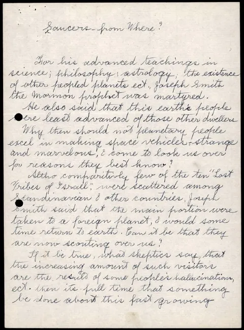 Handwritten letter or document from an Air Force flying-disc file.