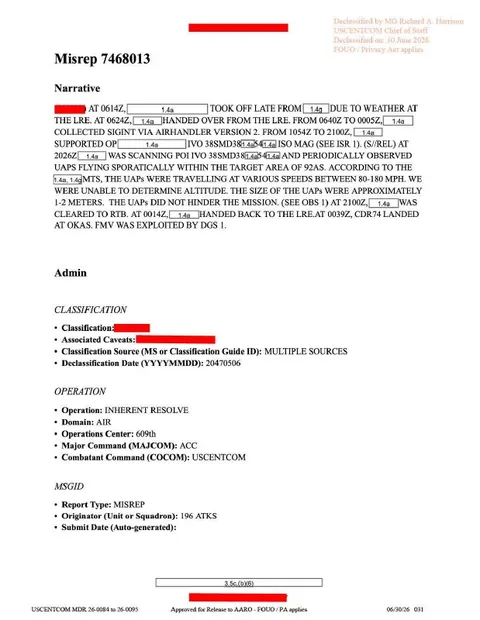 Military mission report with headings, dates, and redacted text.