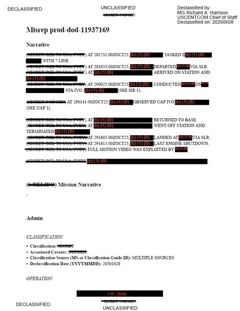 Military mission report with headings, dates, and redacted text.