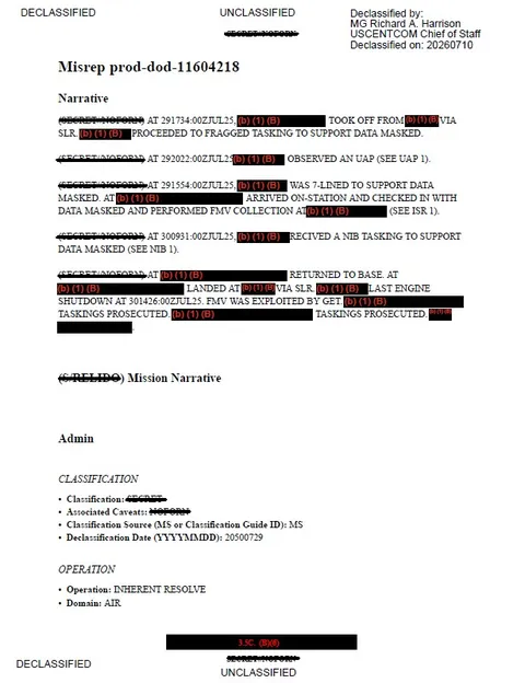 Military mission report with headings, dates, and redacted text.