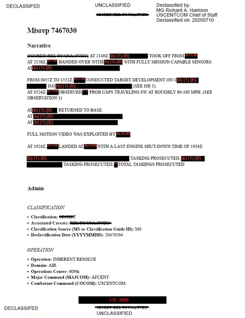 Military mission report with headings, dates, and redacted text.