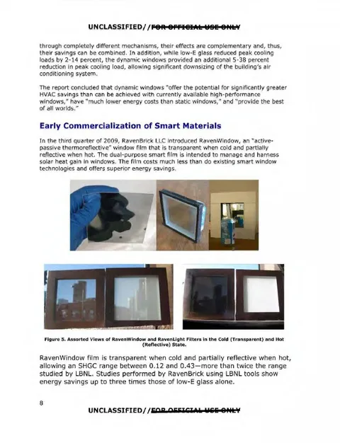 Photos show window film changing from clear to reflective when heated.
