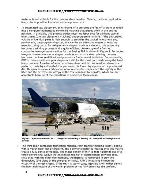 A description of composite material methods and imagery of an aircraft body section being unloaded.