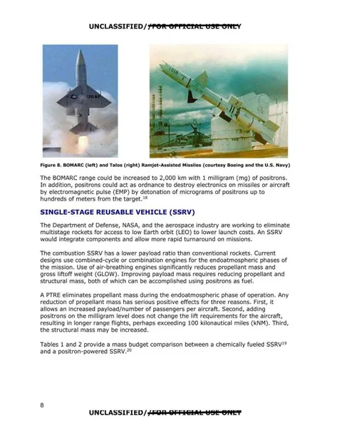 Two photos of Ramjet-Assisted missile systems and a comparison of options for positron-powered flight.