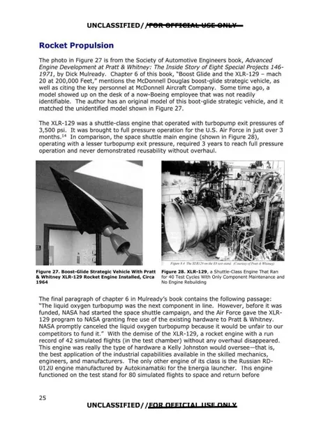 Two black-and-white photos show a rocket engine and a boost-glide vehicle with text outlining rocket propulsion systems.