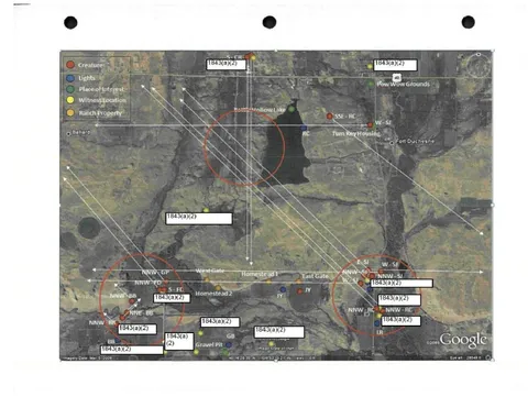 Map with red circles and redactions.
