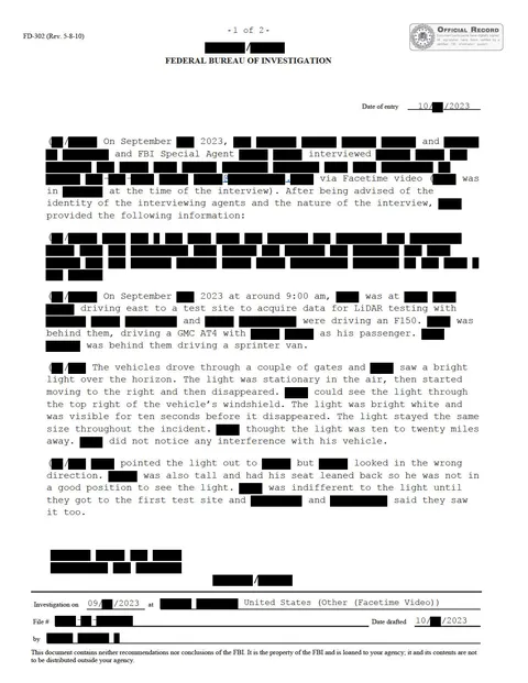 Heavily redacted Federal Bureau of Investigation official record.