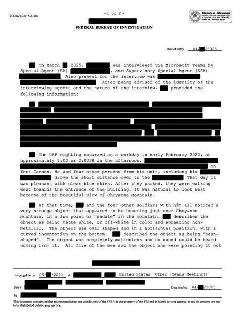 FBI document with redacted text about a UAP sighting.