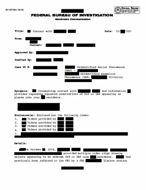 FBI document with redacted text about orbs.