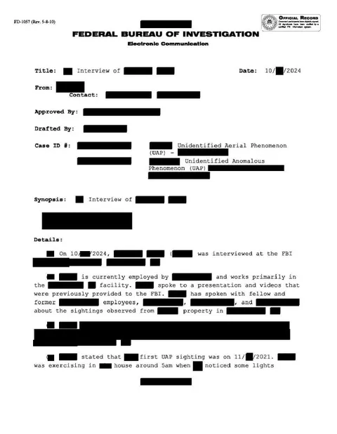 FBI document with redacted text about a UAP interview.