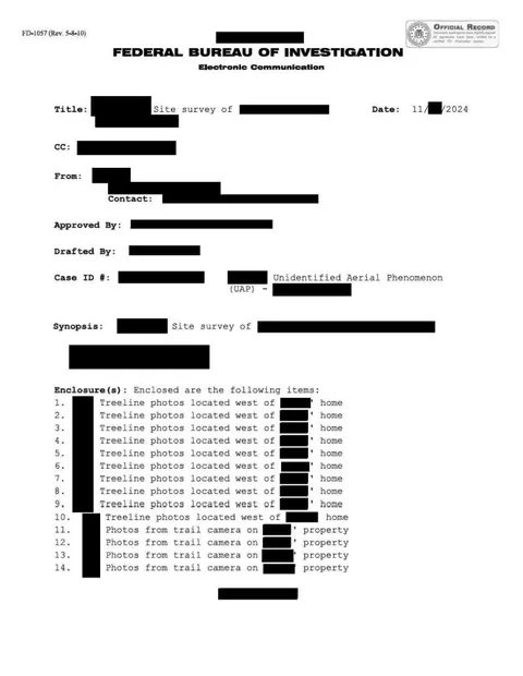 FBI document with redacted text listing photo enclosures.