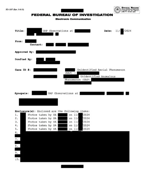 FBI document with redacted text listing photo enclosures.