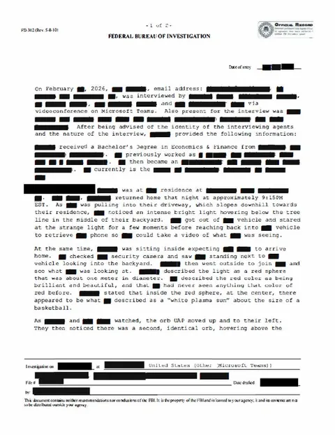 FBI document with redacted text about an orb sighting.