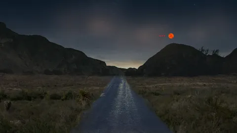 Rendering of a road at night with an object in the sky.