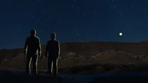 Rendering of two figures watching an object in the sky.