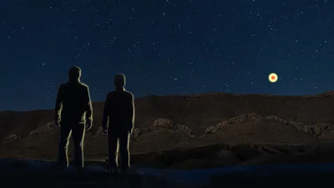 Rendering of two figures watching an object in the sky.