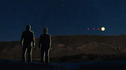 Rendering of two figures watching objects in the sky.