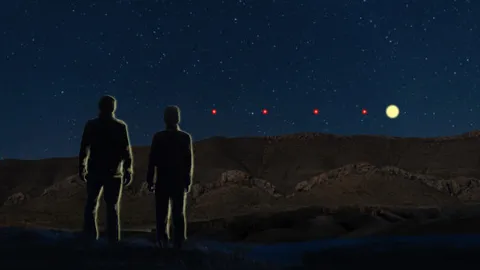 Rendering of two figures watching objects in the sky.