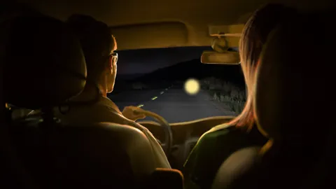 Rendering of people in a car watching an object on a road.