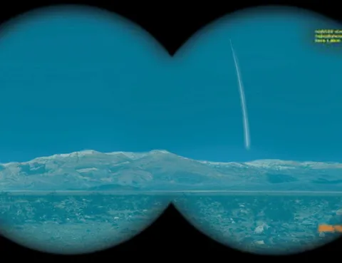 A digital rendering of a light streak in the sky over a mountainous landscape, as viewed through binoculars.