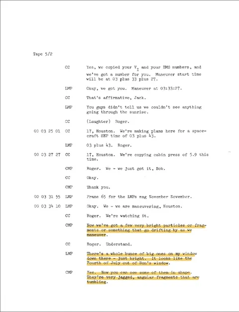 A page from a space flight mission transcript with highlighted sections.