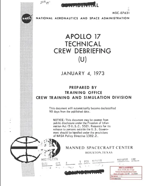 Declassified Confidential NASA Apollo 17 Technical Crew Debriefing cover from the Manned Spacecraft Center.