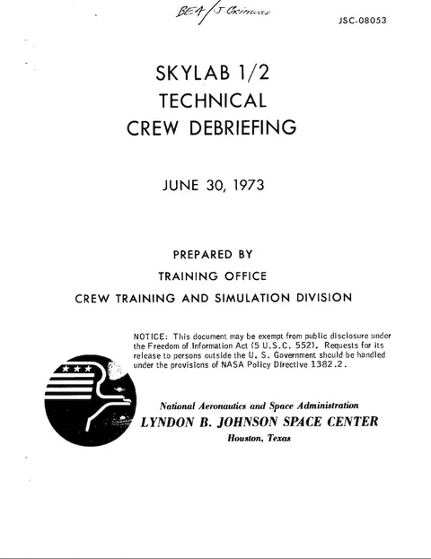 Skylab 1/2 Technical Crew Debriefing cover from the Lyndon B. Johnson Space Center.