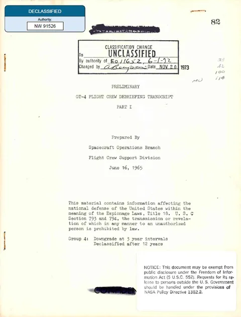 Document titled "GT-4 FLIGHT CREW DEBRIEFING TRANSCRIPT PART I".