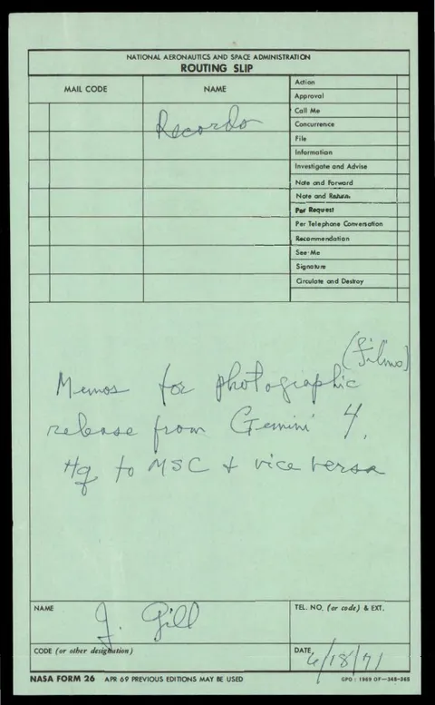 Routing slip with notes about Gemini 4.