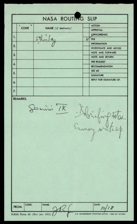 Routing slip with notes about Gemini IX.
